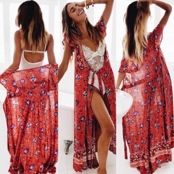 BOHO gypsy FLORAL Print red maxi kimono dress - Picture 3 of 6